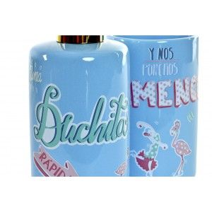 Juego/Set de Baño 2 Piezas en Dolomite, Color Azul. Diseño Flamenco con Frase Alegre y Original 8X7X17,5 cm