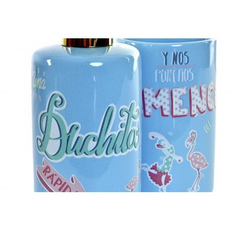 Set/Bathroom Set of 2 Pieces in Dolomite, Blue Color. Design Flamenco with Phrase Joyful and Original 8X7X17,5 cm