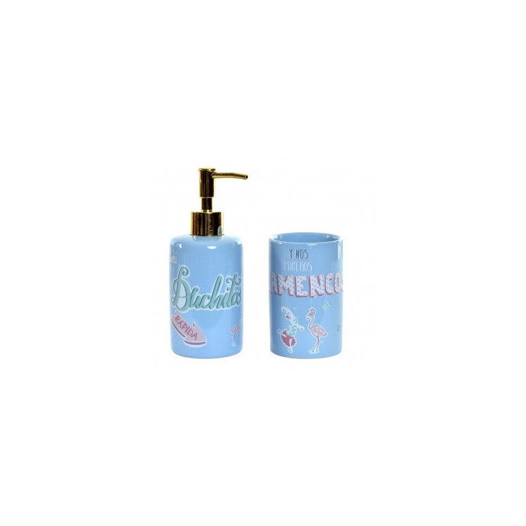 Set/Bathroom Set of 2 Pieces in Dolomite, Blue Color. Design Flamenco with Phrase Joyful and Original 8X7X17,5 cm