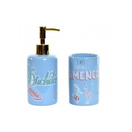 Set/Bathroom Set of 2 Pieces in Dolomite, Blue Color. Design Flamenco with Phrase Joyful and Original 8X7X17,5 cm