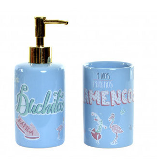 Set da Bagno Set di 2 Pezzi in Dolomite, Colore Blu. Progettazione di Flamenco con la Frase allegro e Originale 8X7X17,5 cm