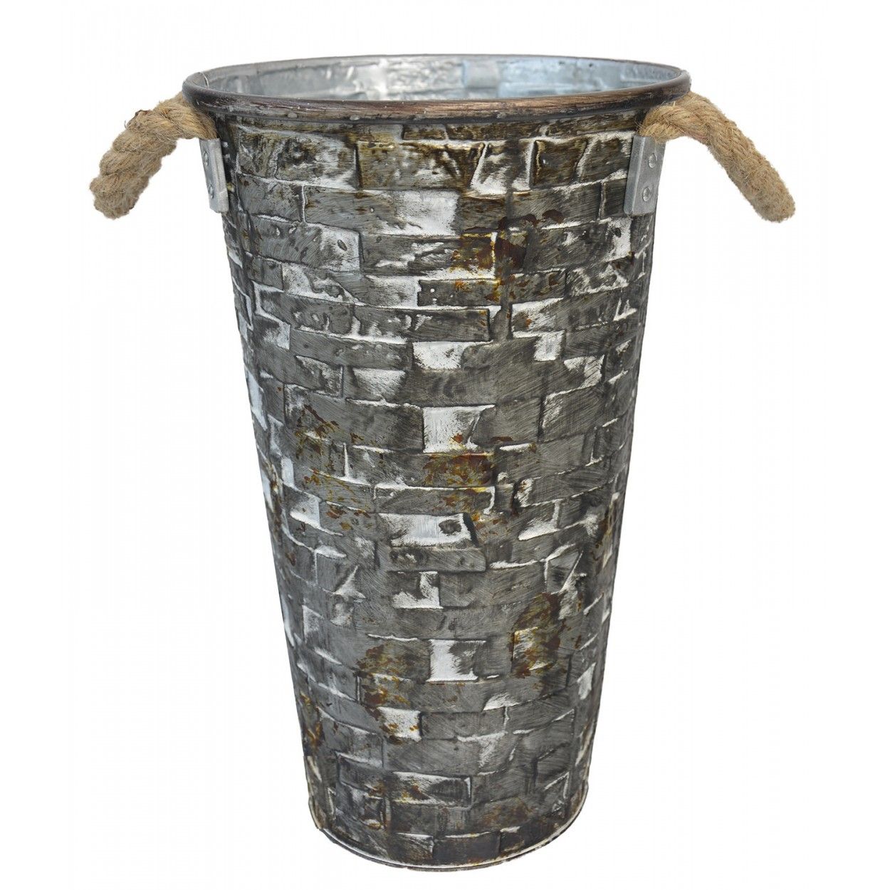 Jarrón Decorativo Vintage de Metal con Asas. Gris metalizado con efecto desgastado diseño Rústico 22x35.5x14 cm