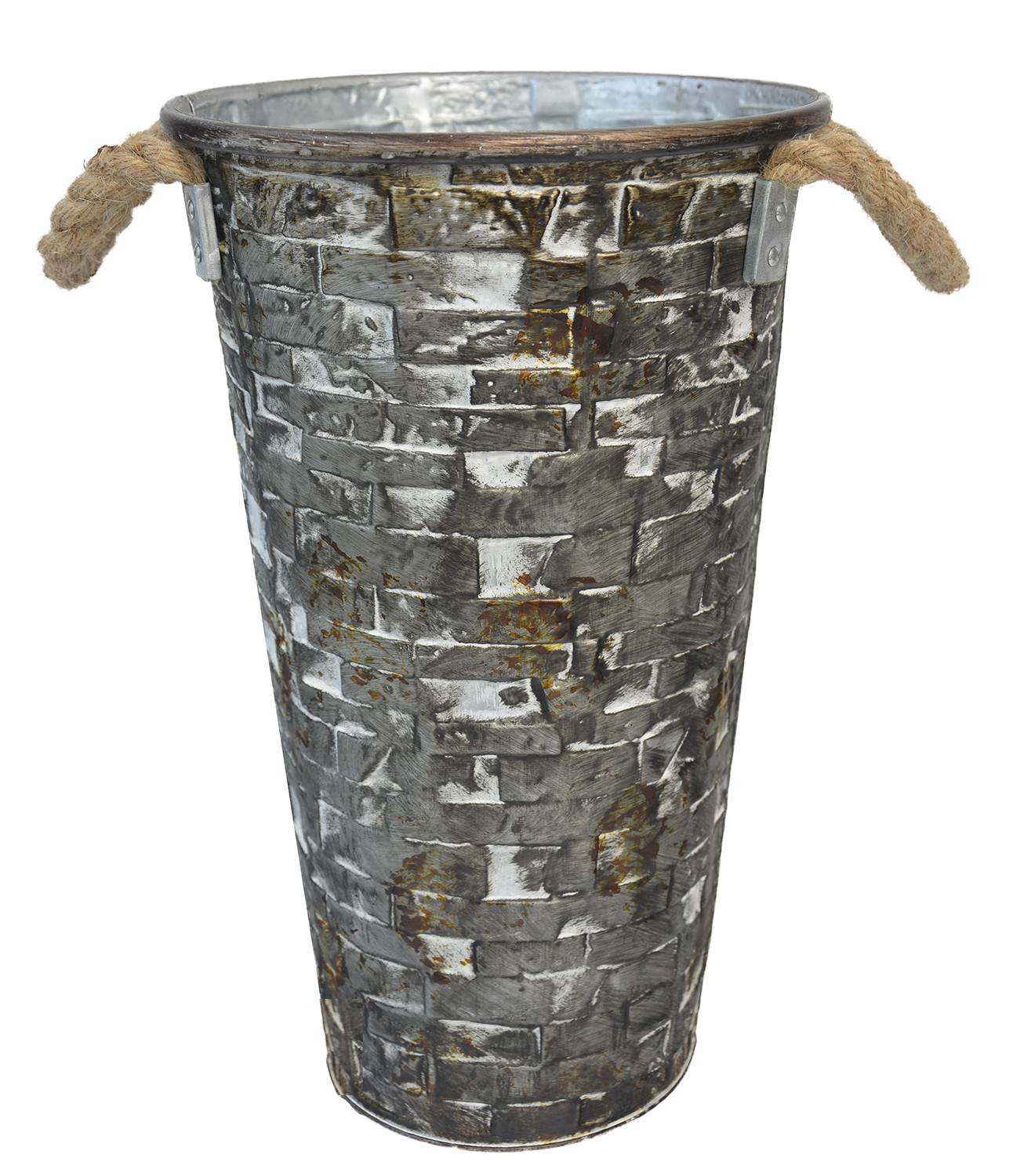 Jarrón Decorativo Vintage de Metal con Asas. Gris metalizado con efecto desgastado diseño Rústico 22x35.5x14 cm