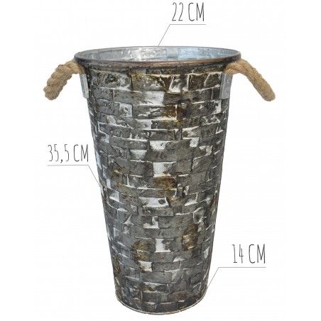 Jarrón Decorativo Vintage de Metal con Asas. Gris metalizado con efecto desgastado diseño Rústico 22x35.5x14 cm