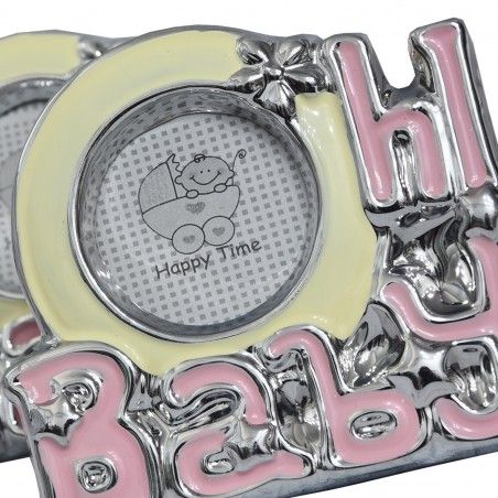 Photo frame/photo Holder Christening Ceramic in set of 10. Design "Hi Baby" Original/Modern, in Pink color. 15x1x11,5 cm