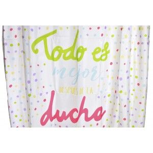 Cortina Baño/Ducha con Puntos Multicolor, Diseño Original y Divertido. Con Frase Alegre "Todo es mejor" 180X200 cm.-Hogarymas-