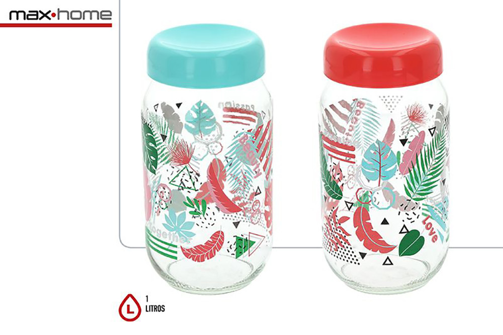 Glass jar for Canning with Lid, for Cooking, with a Capacity of 1L. Original design with Tropical style -Home and More