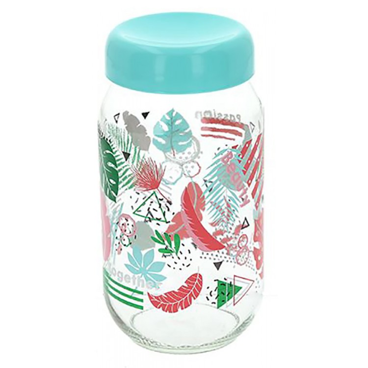 Glass jar for Canning with Lid, for Cooking, with a Capacity of 1L. Original design with Tropical style -Home and More