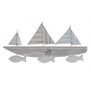 Perchero Pared Vintage de Madera, Decoración Marinera. Diseño Velero/Infantil 59X5X31,5 cm