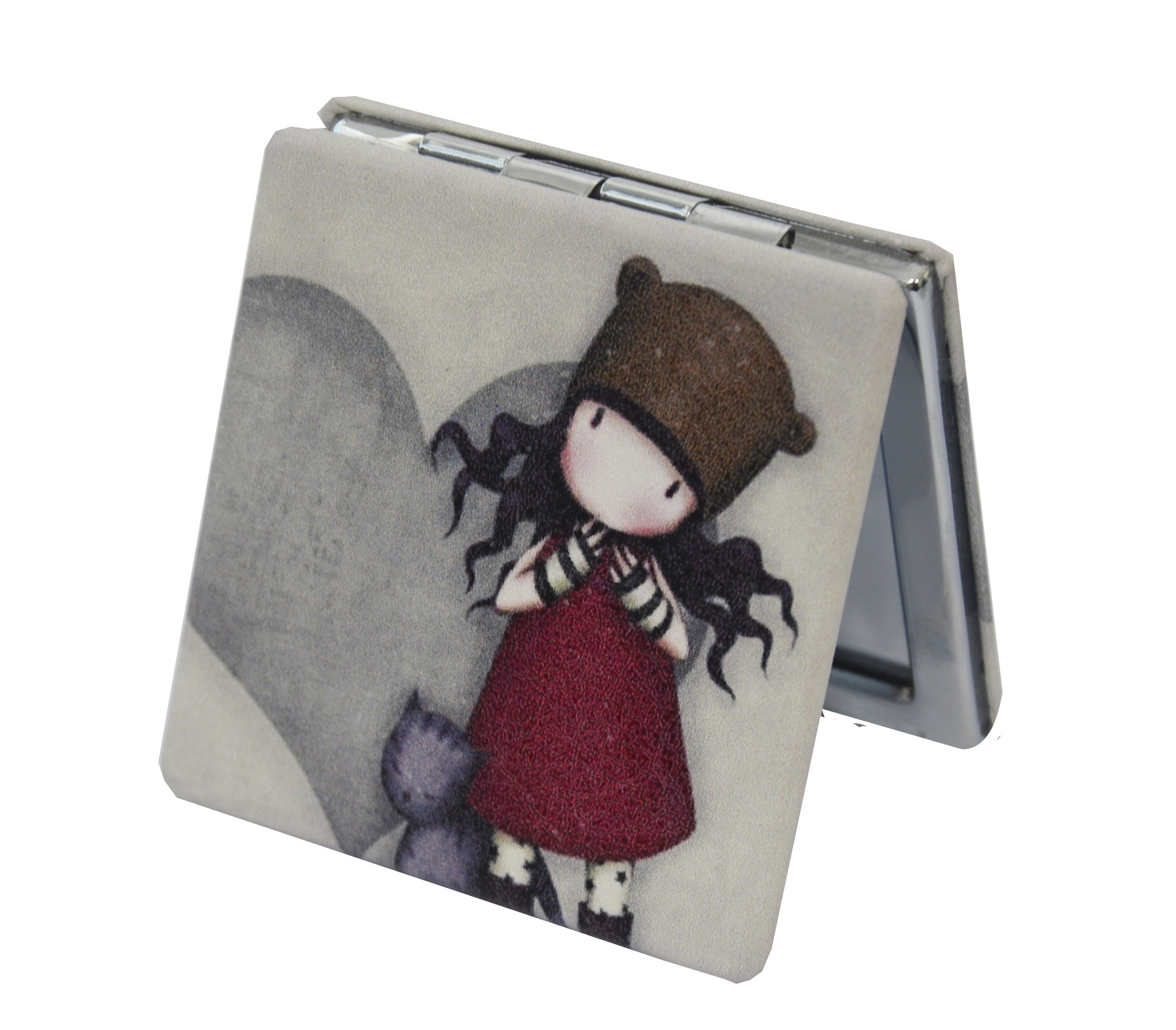 Hand mirror/Bag, Portable and Foldable. 2X 1X Double Increase. Design Gorjuss 6x6x1 cm