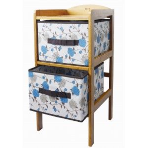 Cajonera de Bambú con 2 Cajones para Almacenamiento, Ideal para Baño, Salón, Dormitorio. Estilo Floral Azul 65.5x30.7x32 cm