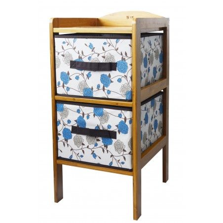 Cajonera de Bambú con 2 Cajones para Almacenamiento, Ideal para Baño, Salón, Dormitorio. Estilo Floral Azul 65.5x30.7x32 cm