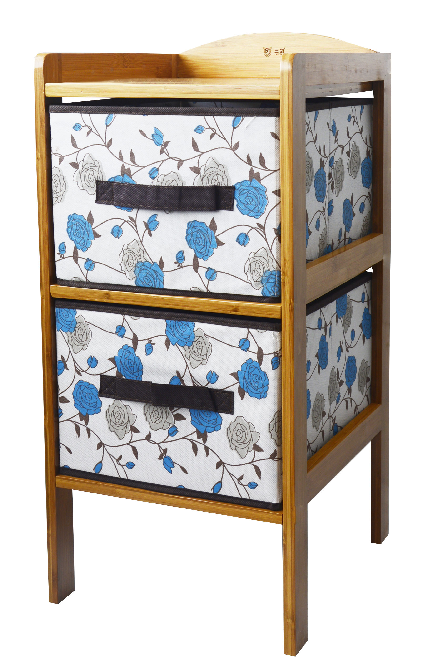 Cassettiera Bambù con 2 Cassetti per la conservazione, Ideale per Bagno, soggiorno, Camera da Letto. Stile Floreale Blu