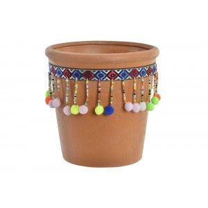 Vaso in Terracotta con pom-Poms e Colorato, Ideale per Esterno/Interno. Design etnico 14,3x14,5 cm