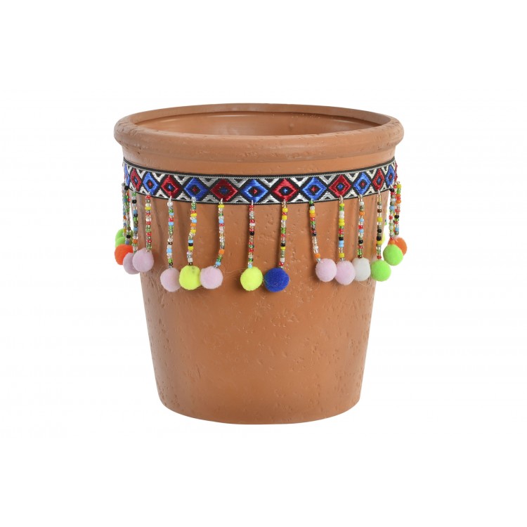 Planter Terracotta with pom-Poms and Colourful, Ideal for Exterior/Interior. Ethnic design 14,3x14,5 cm