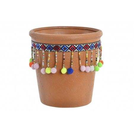 Planter Terracotta with pom-Poms and Colourful, Ideal for Exterior/Interior. Ethnic design 14,3x14,5 cm