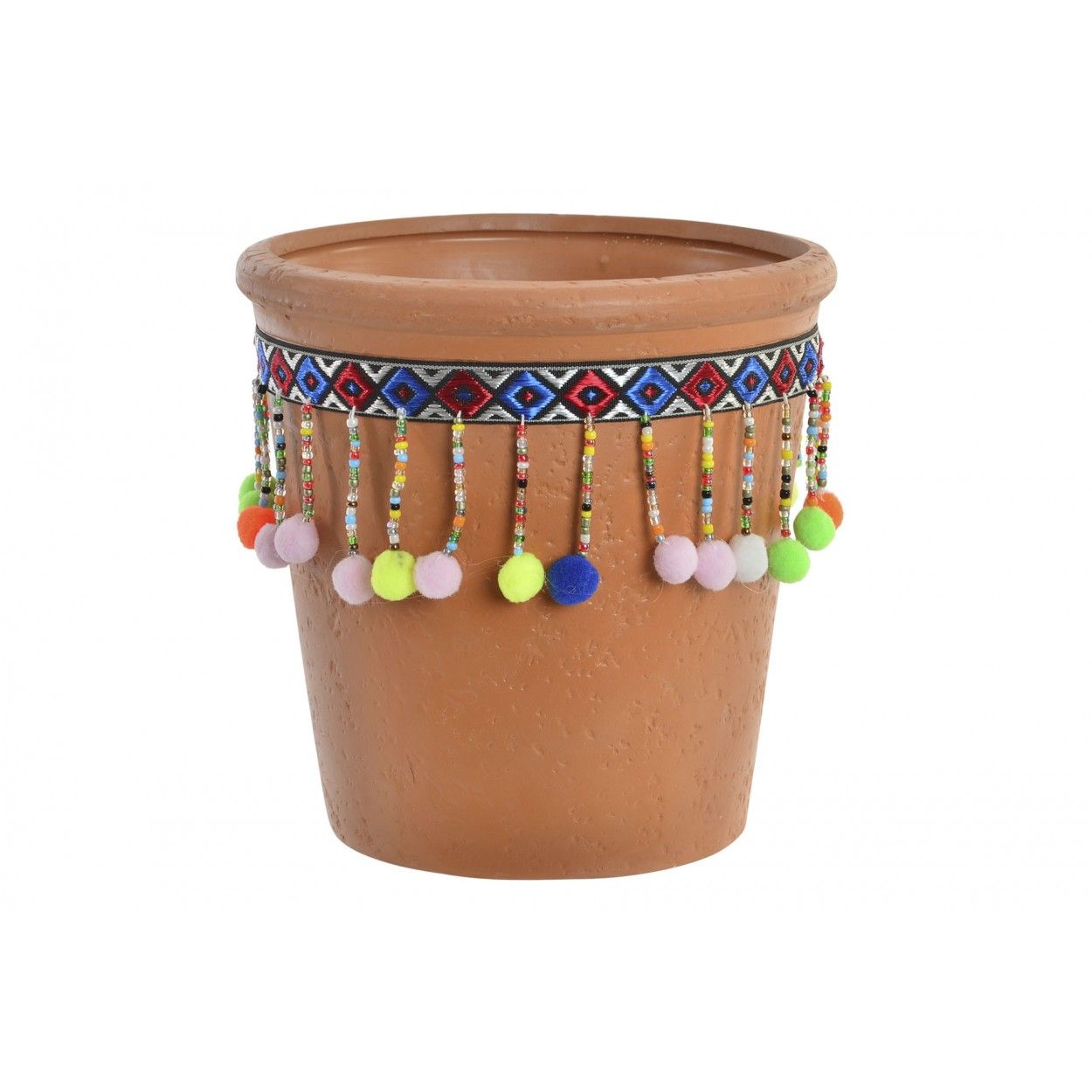 Planter Terracotta with pom-Poms and Colourful, Ideal for Exterior/Interior. Ethnic design 14,3x14,5 cm
