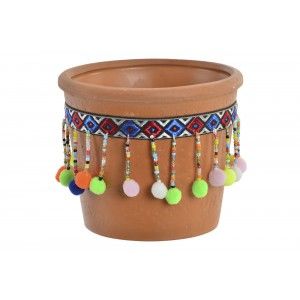 Planter Terracotta with pom-Poms and Colourful, Ideal for Exterior/Interior. Ethnic design 12x10,3 cm
