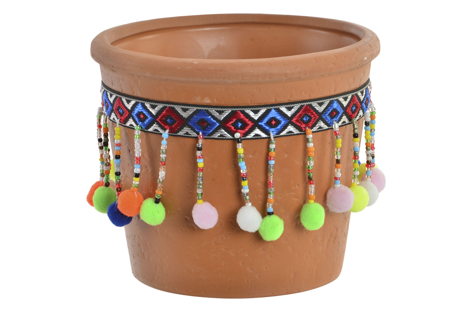 Planter Terracotta with pom-Poms and Colourful, Ideal for Exterior/Interior. Ethnic design 12x10,3 cm