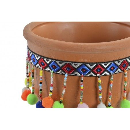Jardinière en terre Cuite avec des pom-Poms et Coloré, Idéal pour l'Extérieur/l'Intérieur. Ethniques design 12x10,3 cm
