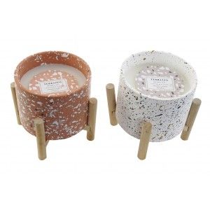 Cera di candela, Decorazione della Ceramica, con Piedistallo in Legno. Design Terrazzo, 2 Modelli a scelta 10,5x10,5x12 cm