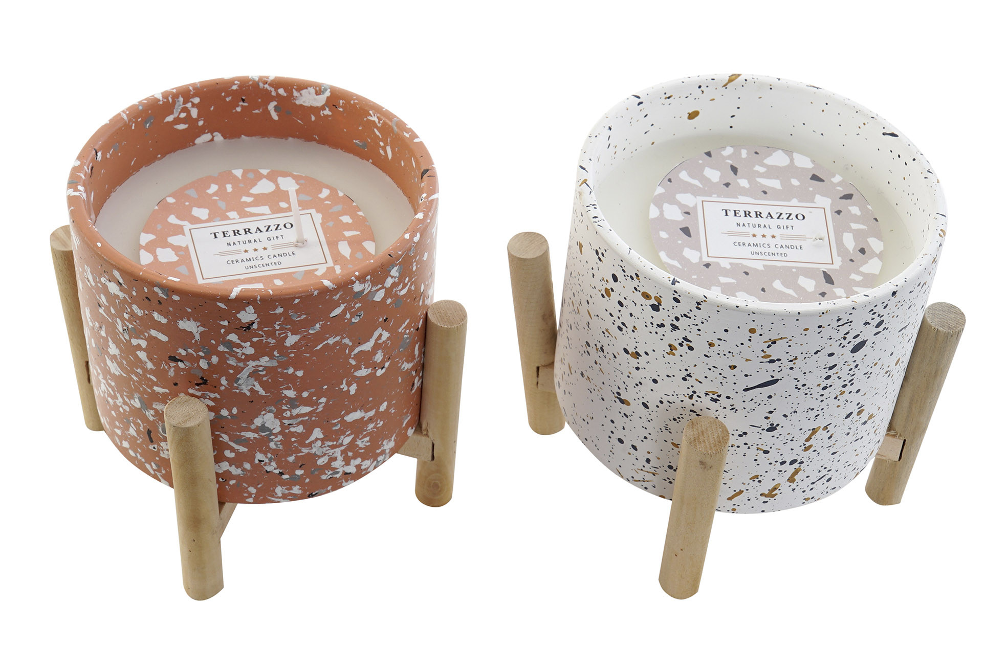 Cera di candela, Decorazione della Ceramica, con Piedistallo in Legno. Design Terrazzo, 2 Modelli a scelta 10,5x10,5x12 cm