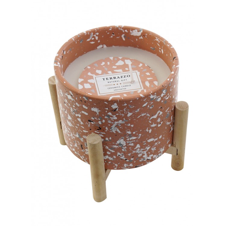 Wax candle, Decoration of Pottery with Wooden Stand. Design Terrazzo, 2 Models to choose 10,5x10,5x12 cm
