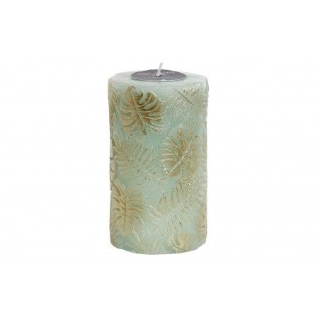Vela de Cera Verde con Purpurina. Diseño Hojas Doradas, Ideal para Decorar 7X7X12 cm
