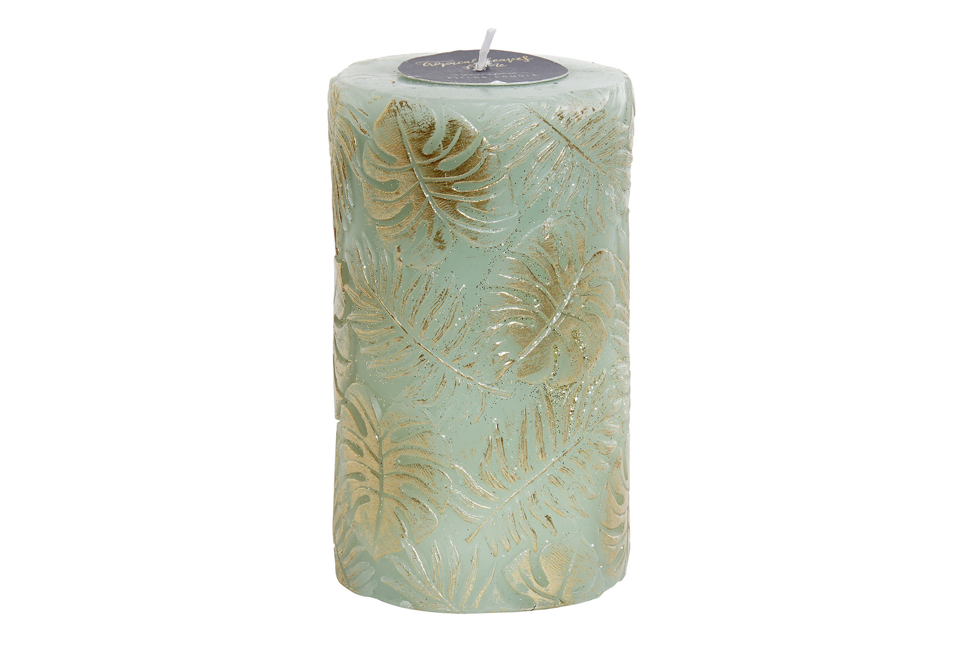 Vela de Cera Verde con Purpurina. Diseño Hojas Doradas, Ideal para Decorar 7X7X12 cm
