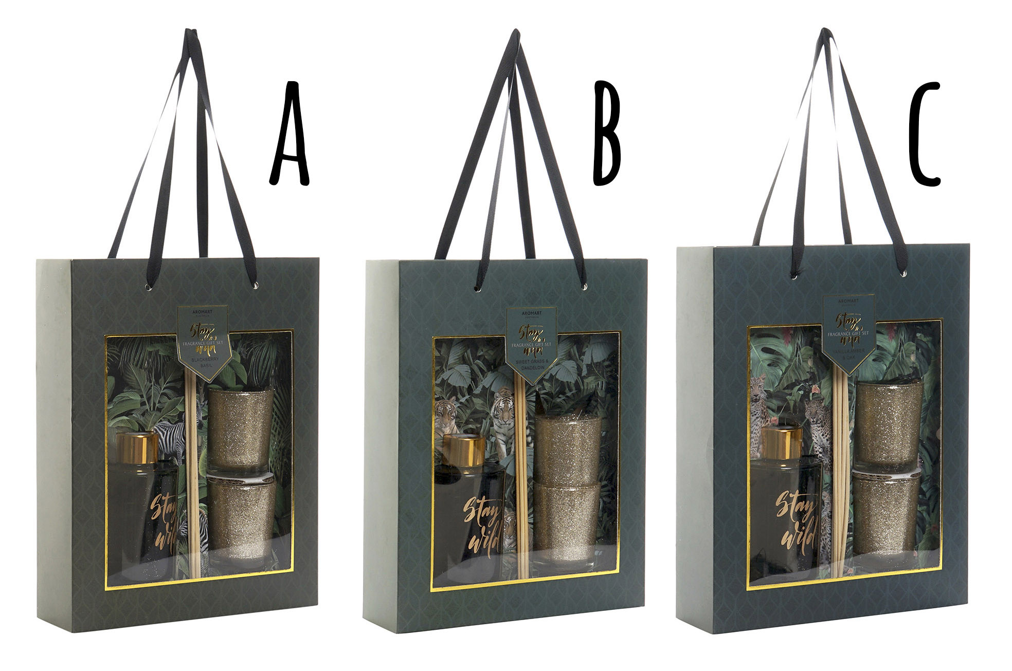 Diffusore di aromi 80 ml con 2 Candele di Glitter Oro, Vetro di Supporto. Design Wild 20x6x26 cm