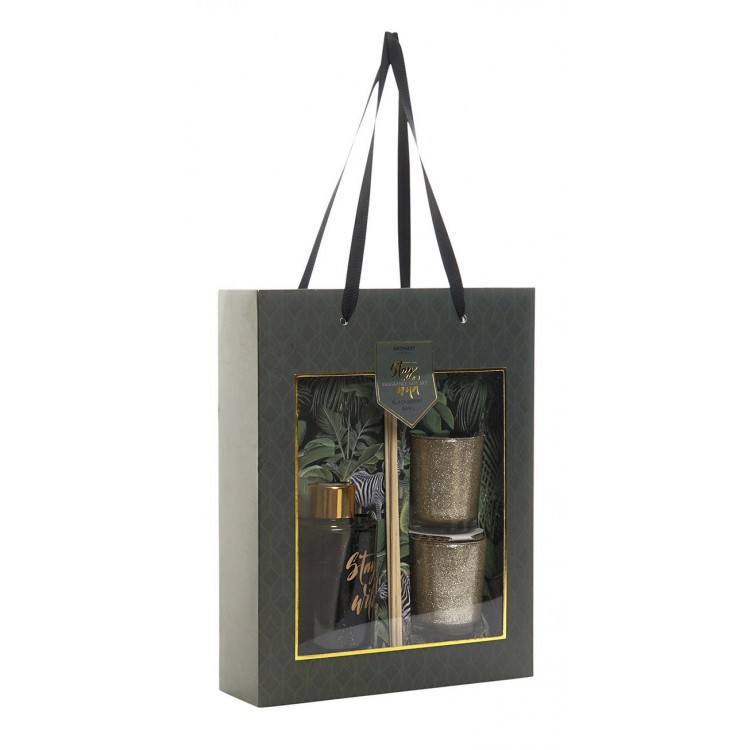 Aroma diffuser 80 ml with 2 Candles of Glitter Gold, Glass Support. Design Wild 20x6x26 cm