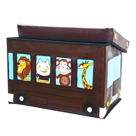 Puff/Baúl Infantil Plegable para almacenamiento de juguetes, de Animales. Diseño Autobús 48x31x31cm.-Hogarymas-