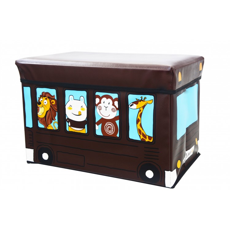 Puff/Baúl Infantil Plegable para almacenamiento de juguetes, de Animales. Diseño Autobús 48x31x31cm.-Hogarymas-