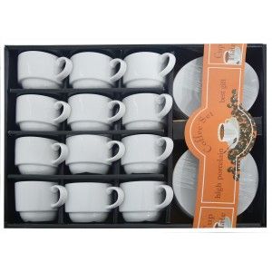 Service à café en Céramique, Blanc, 12 Tasses et soucoupes. Idéal pour Bar ou Cuisine, Design Classique ø11 cm