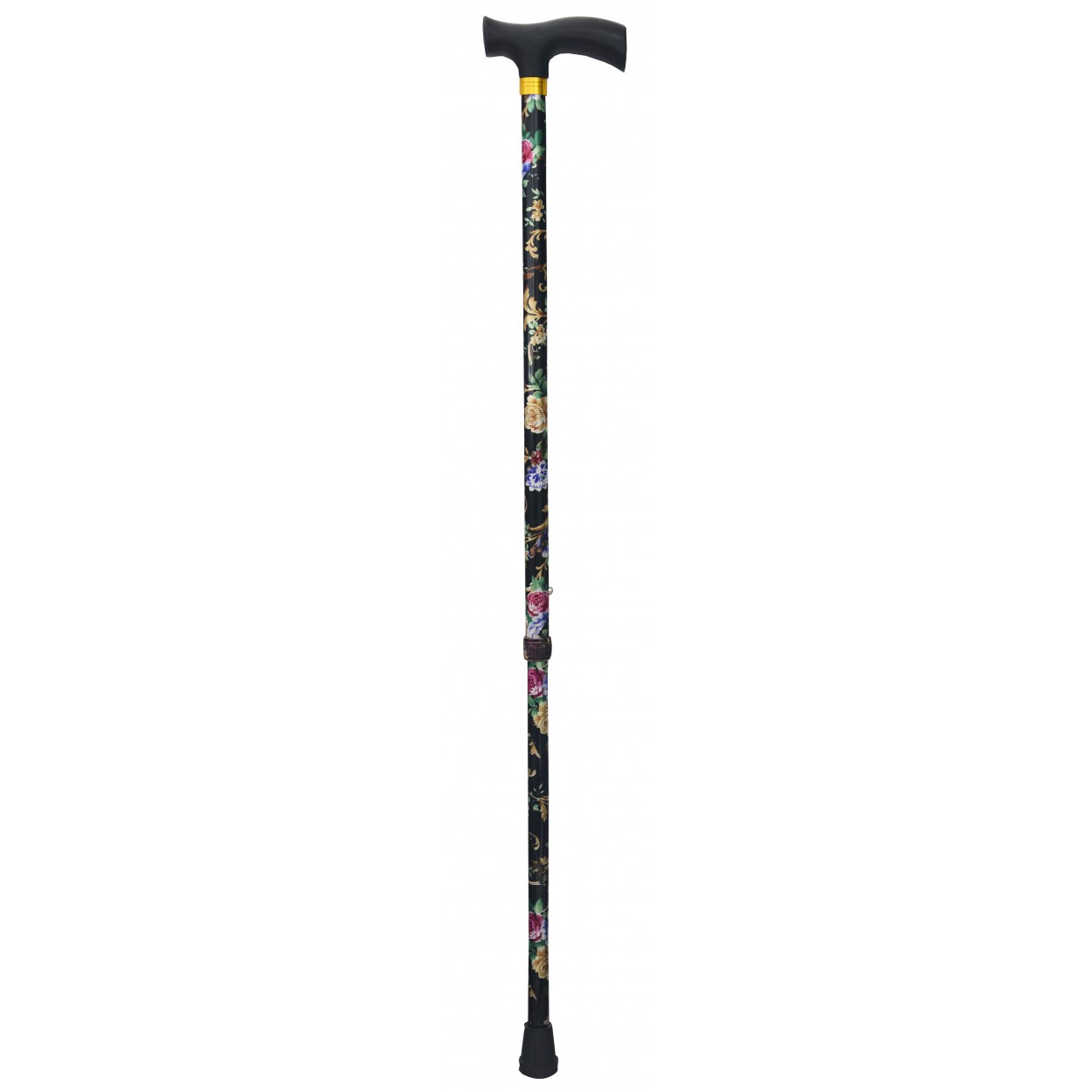 Bastone Nero Allungabile In Alluminio A Piedi, Disegno Floreale. Leggera e Resistente, 90 cm, 300 g