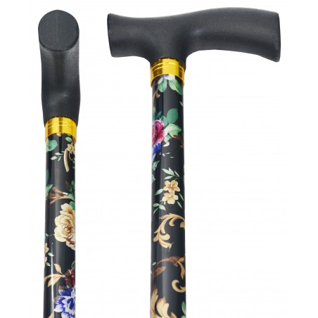 Bastone Nero Allungabile In Alluminio A Piedi, Disegno Floreale. Leggera e Resistente, 90 cm, 300 g