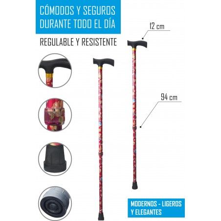 Baston Rosa Plegable Aluminio para Caminar, Diseño Floral. Ligero y Resistente 94 cm 300 gr.