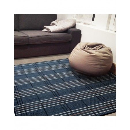Alfombra de Bambú Natural, para Salón/Comedor, de color Azul Oscuro, con Rayas Beige y Negras, de 180cm X 300cm - Hogar y Más