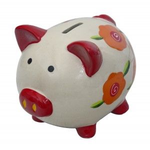 Salvadanaio bambino con la forma di un maiale (11x11.5x14.5 cm). Ceramica 