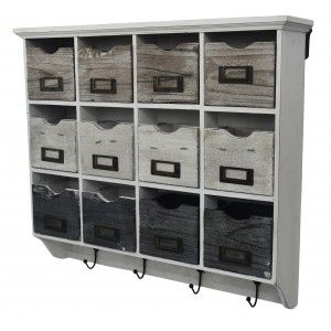 Cassetto Rack unità a Parete Naturale, in Legno Policromo, 4 ganci appendiabiti, e 12 cassetti. Ideale per Ricevitore