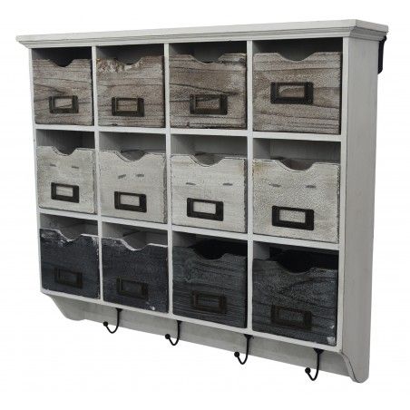 Rack Drawer unit-Wall of Natural Wood Polychrome, 4 coat hooks, and 12 drawers. Ideal for Receiver 50x55,5x12 cm