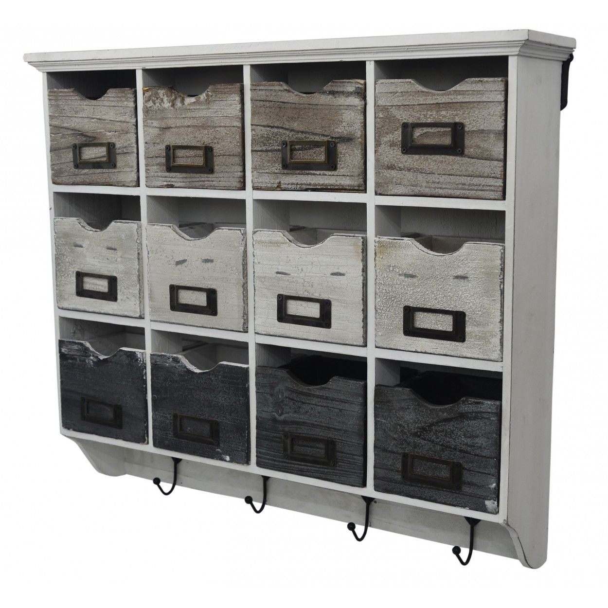 Cassetto Rack unità a Parete Naturale, in Legno Policromo, 4 ganci appendiabiti, e 12 cassetti. Ideale per Ricevitore