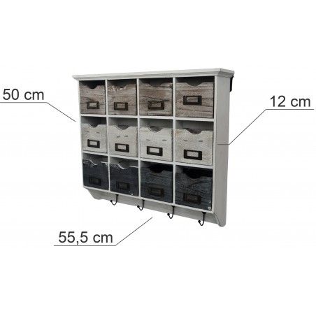 Cassetto Rack unità a Parete Naturale, in Legno Policromo, 4 ganci appendiabiti, e 12 cassetti. Ideale per Ricevitore