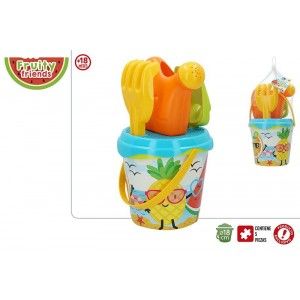 Cube Plein service de Plage pour les Enfants avec un Râteau, une Pelle et un arrosoir. Jouet d'enfant, Fruit/Été 18x31 cm