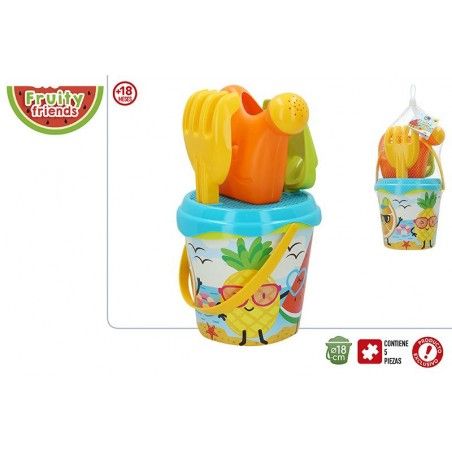 Cubo de Playa Completo para Niños con Rastrillo, Pala y Regadera.  Juguete Infantil, Frutas/Verano 18x31 cm