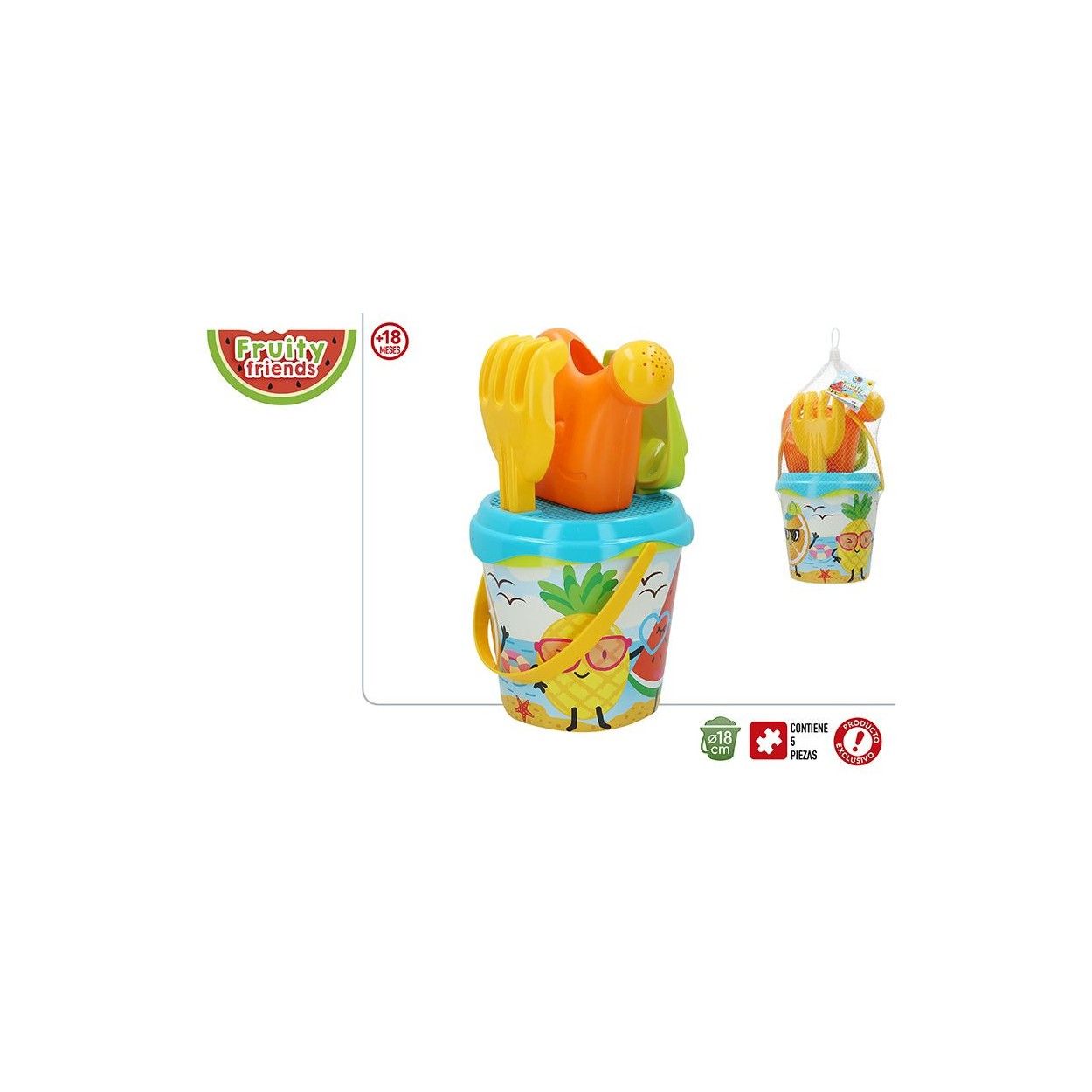 Cubo Completa servizio Spiaggia per i Bambini con il Rastrello, Pala e annaffiatoio. Il giocattolo dei bambini, Frutta/Estate