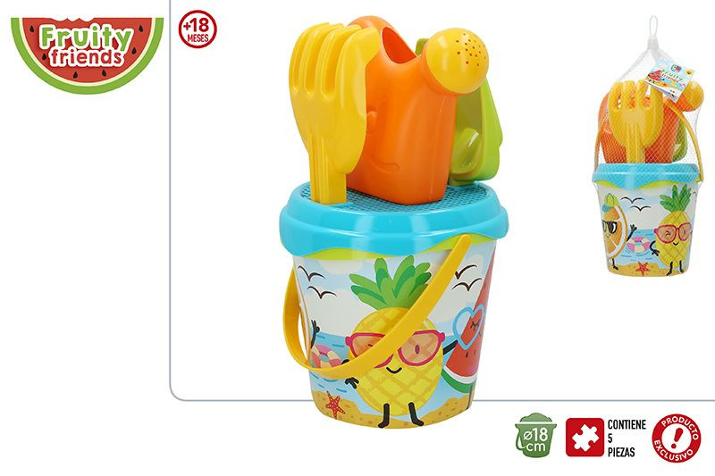 Cubo Completa servizio Spiaggia per i Bambini con il Rastrello, Pala e annaffiatoio. Il giocattolo dei bambini, Frutta/Estate