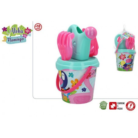 Cubo de Playa Completo para Niños con Rastrillo, Pala y Regadera. 5 Piezas, Juguete Infantil 18 cm