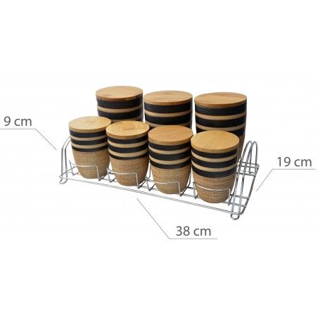 Tarros de Bambú y Cerámica para Conservas con Soporte de Metal. 7 Piezas con Tapa 38x19x9 cm