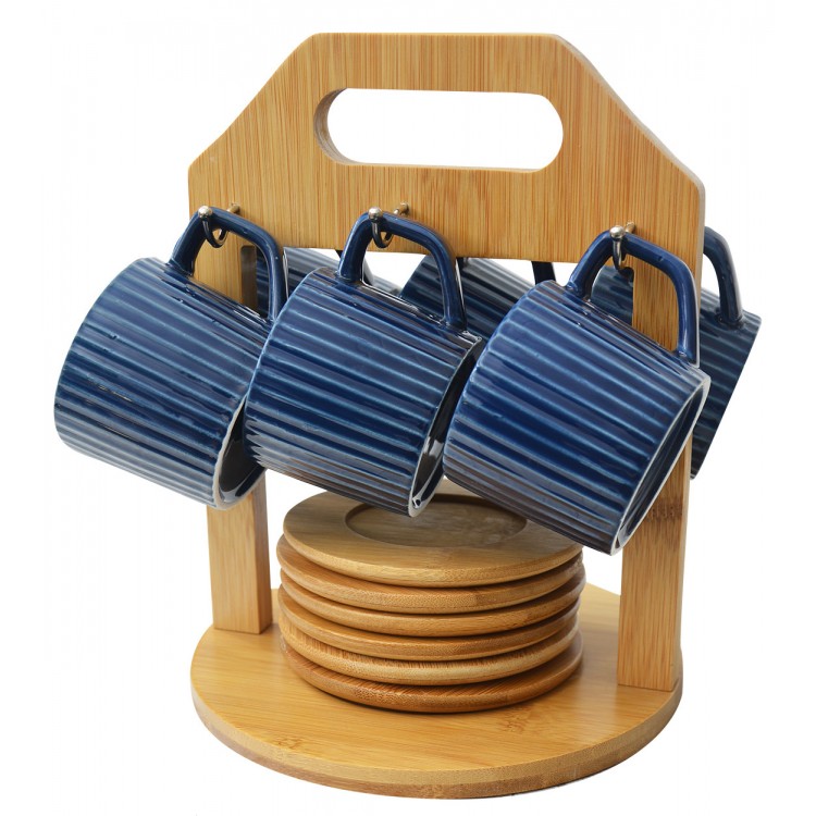 Coffee set Modern, with blue cups and plates of bamboo, with support of bamboo for kitchen - Home and more